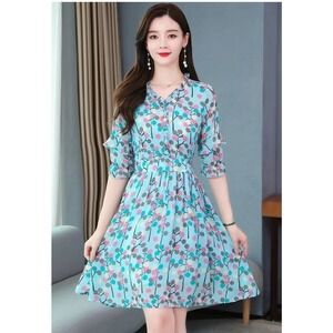 YMS NWT Light Blue and Multi-Color chiffon dress 3/4 sleeve woman size medium